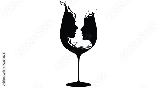 A striking silhouette of two faces formed within a wine glass and liquid splash