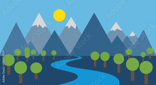 Mountain Landscape with River and Trees.