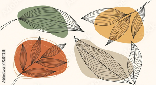 Colorful abstract leaves with minimalist line art design elements on a clean white background with soft shadows and earthy tones