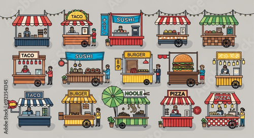 Collection of various colorful food stalls and carts in a vibrant street market setting.