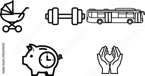 Line icons of baby stroller dumbbell bus piggy bank and hands with heart