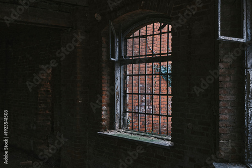 Billede på lærred Looking through a vintage window with metal bars