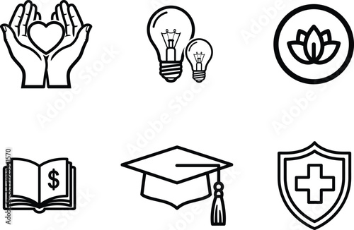 line icons of education and health and finance and heart and lightbulb and flower