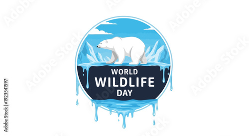 Illustration of a polar bear on World Wildlife Day logo with melting ice and blue globe background, symbolizing wildlife conservation and global awareness.