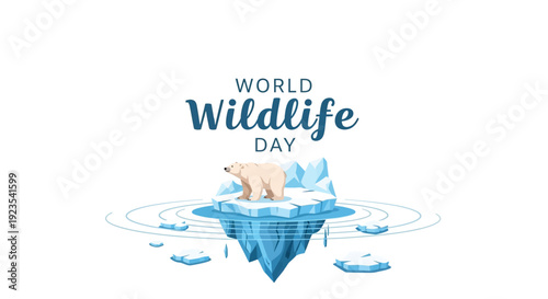 Illustration of a polar bear on an iceberg with melting ice, symbolizing wildlife conservation on World Wildlife Day with a global awareness theme.
