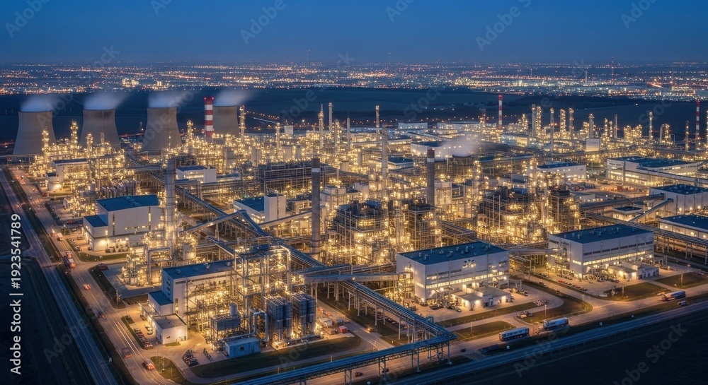 Fototapeta premium Expansive Industrial Oil Refinery Complex Illuminated at Dusk, Showcasing Manufacturing Power and Urban Energy Infrastructure.