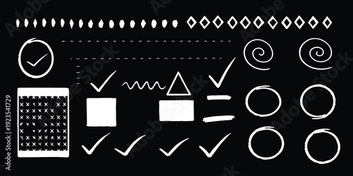 Collection of white geometric shapes and symbols on black background