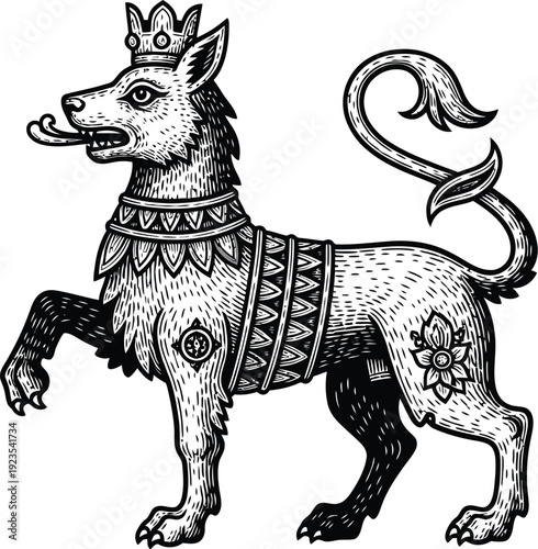 Majestic heraldic wolf creature or royal canine wearing an ornate crown and elaborate decorative harness stands ready in vintage engraving style.
