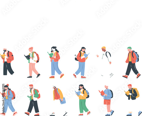 University Students Flat Vector Set  Diverse Young Adults with Books and Backpacks