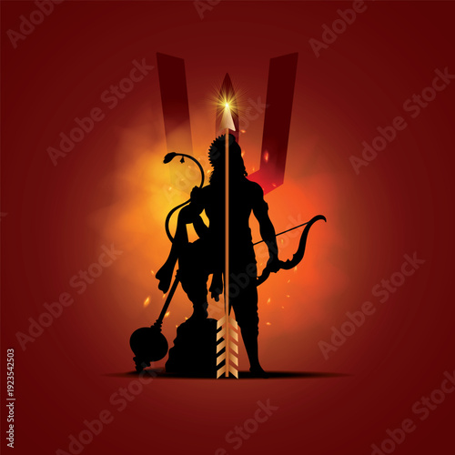 Lord Ram and Hanuman Silhouette with Sacred Arrow and Spiritual Glow, Creative vector illustration design of divine bond.
