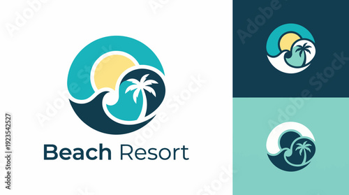 This logo beautifully captures the essence of a beach resort, showcasing palm trees, waves, and sun, evoking relaxation, adventure, and memorable vacations.