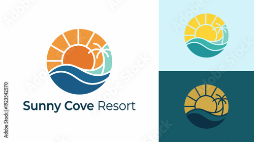 The logo features a radiant sun and tropical elements symbolizing relaxation, vacation, and sunny bliss, perfect for a seaside resort destination.