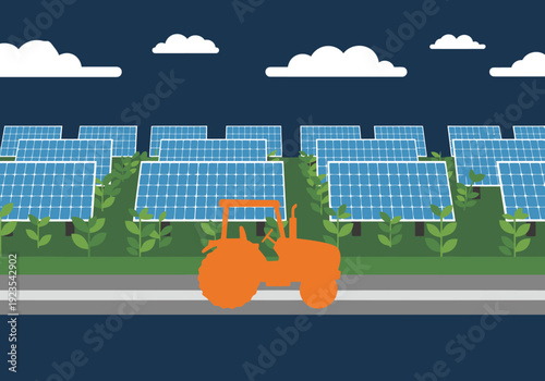 An electric tractor drives through a solar farm. A clean, modern illustration showcases sustainable agriculture. Bright, vibrant colors and a clear composition.