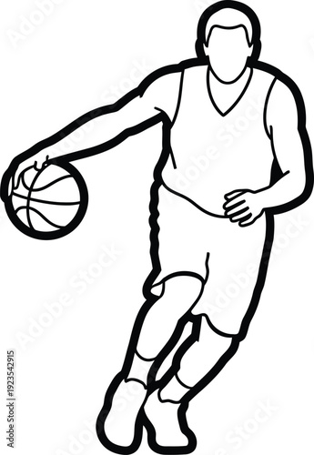 A simple line drawing of a basketball player dribbling a ball.