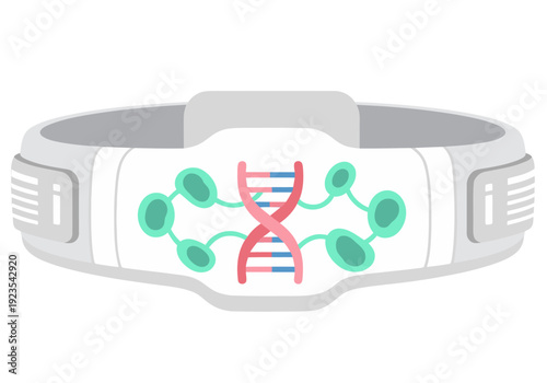 A futuristic wristband monitors brain health with a DNA helix design. Modern tech illustration, clean and professional style.