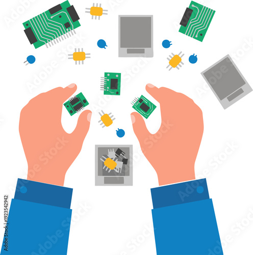 Hands sort electronic waste components. A professional examines circuit boards and chips, highlighting sustainability and technology. Clean, modern composition.