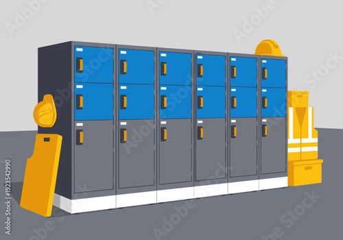 Industrial heavy parcel lockers stand ready. A construction scene showcases durable storage solutions. Clean, modern design for commercial use.
