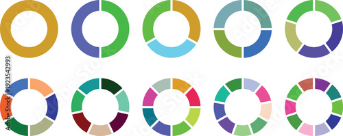 Ten colorful donut charts illustrating various data segments and proportional relationships