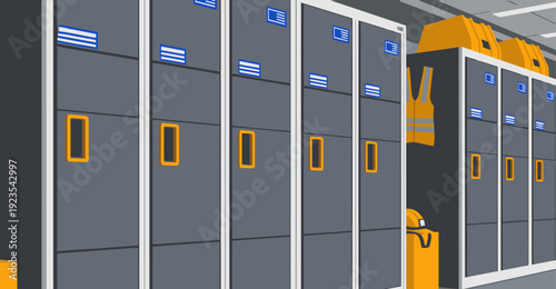 Industrial heavy-duty lockers line a hallway, providing secure parcel storage. A worker in a safety vest approaches. Clean, modern, and practical.