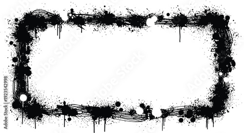 Grunge border element featuring abstract black paint splatters drips and chaotic messy lines forming a rugged rectangular frame design
