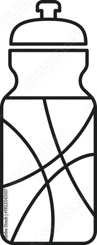Simple black and white illustration of a water bottle with a screw top lid and abstract design.