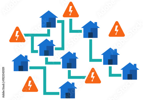 A resilient microgrid protects homes during a storm. Connected houses maintain power, showcasing energy independence and safety. Modern, graphic style.
