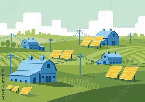 Rural microgrid illustration showcases solar panels on barns, providing local power. A vibrant, modern landscape depicting sustainable energy solutions.