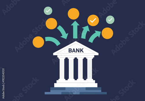 Secure bank transactions flow upwards towards a bank building, symbolizing financial growth and security. Modern, vibrant illustration.