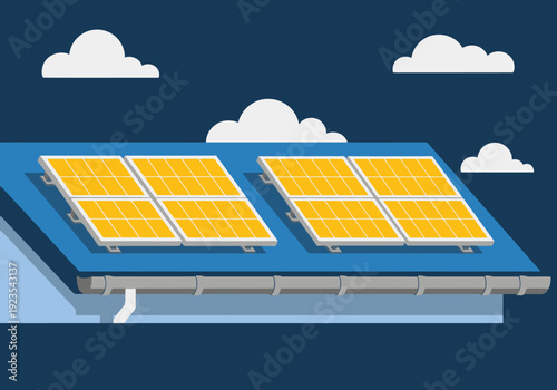 Modern solar panels gleam on a rooftop against a blue sky with fluffy clouds. ?Solar Roof Community Energy? text highlights sustainable power. Clean, bright, and visually appealing.