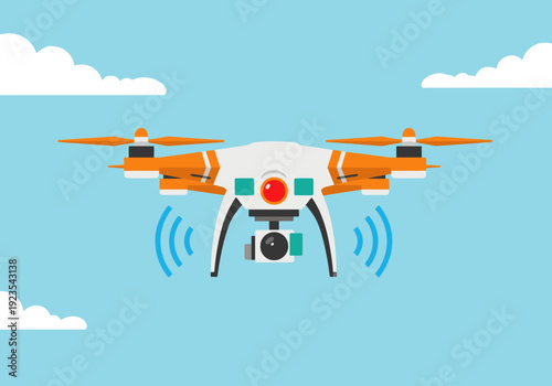 An orange and white drone transmits data, assisting in a fire response. Modern, clean design with a focus on technology and emergency services.