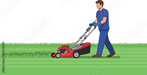 Man Mowing Lawn Isolated on Transparent Background Flat 2D Vector