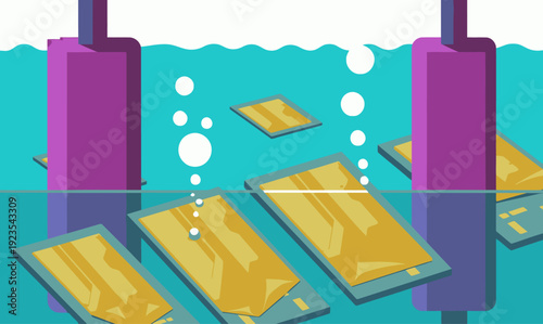 Underwater gold plating removal technology showcases shimmering gold particles being separated from electronic components. A vibrant, detailed illustration for tech and industrial concepts.