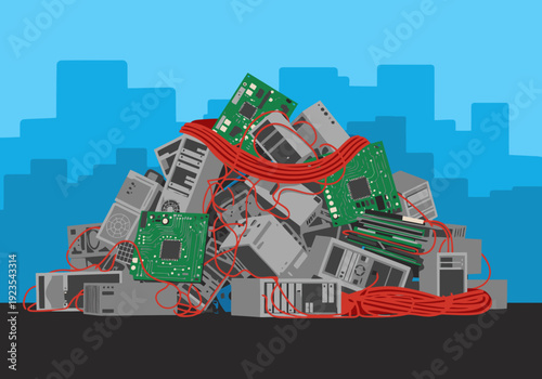 A towering e-waste pile dominates a cityscape, highlighting gold extraction. A striking visual representing technology recycling and resource recovery.