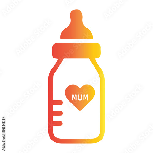 Baby bottle icon with a heart and the word 'Mum' in a vibrant orange to purple gradient, perfect for parenting and baby-related content