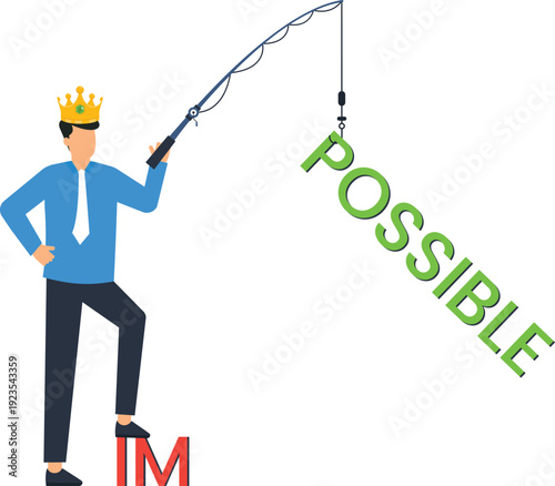 Businessman leader golden crown fishing rod possible word impossible challenge motivation concept success achievement overcoming obstacles determination effort business metaphor flat design
