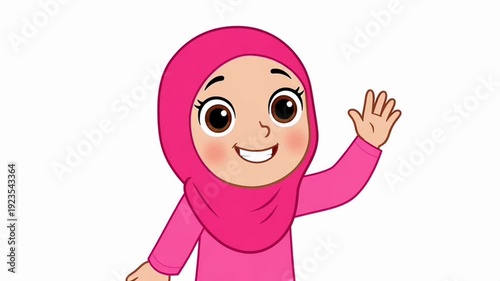 Happy cartoon girl with pink hijab smiling brightly