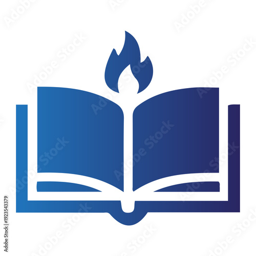 Vibrant blue graphic icon of an open book with a flame, symbolizing the illuminating power of knowledge, education, learning, wisdom, and intellectual enlightenment