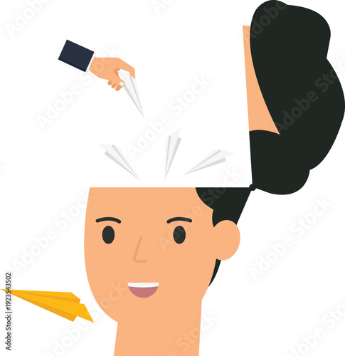 Human head open mind creative idea paper airplane knowledge input thought process business thinking communication concept learning process mental stimulation