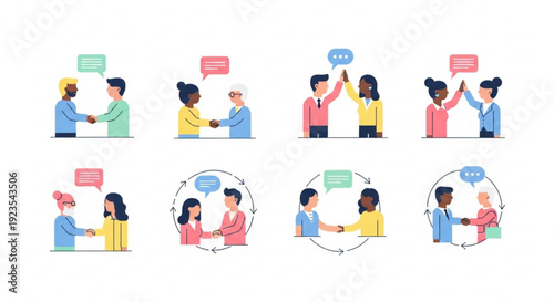 Diverse people communicating and interacting in various colorful dialogue scenes