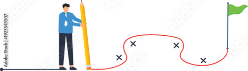 Businessman drawing difficult route using large pencil toward success journey goal setting planning process achievement concept future direction