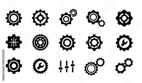 Black gear wheel and settings icon collection isolated on transparent background