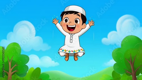 Cartoon illustration of a moslem happy boy flying in the sky  over green grass and clouds