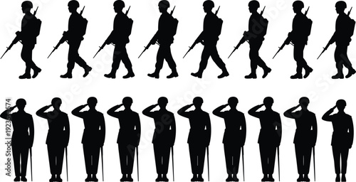 Army soldiers silhouette collection with rifles, marching and saluting military personnel set, national defense service concept
