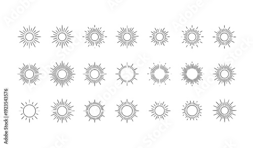 Minimal outline sunshine and sun icon set isolated on transparent background