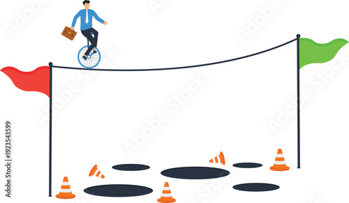 Businessman balancing tightrope walking unicycle riding business challenge overcoming obstacles risk management success path determination effort financial difficulty achievement goal.