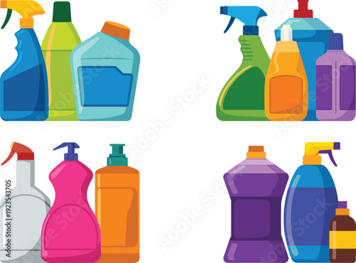 Colorful cleaning product bottles set, household detergent containers collection, spray and liquid plastic packaging vector illustration