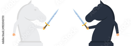 Chess knights opposing pieces business strategy competitive conflict rivalry concept sword fighting strategic battle flat design minimalist style white black game challenge power struggle