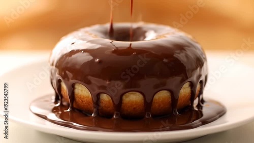 Close up of a delicious chocolate donut and cream on a plate
