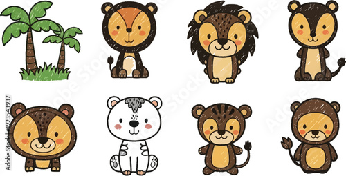 Adorable collection of cute hand drawn jungle safari animal characters featuring lions cubs bears and trees for children's design projects
