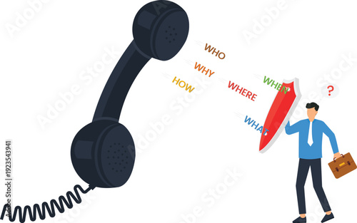 Businessman defending customer questions holding shield, communication barrier concept, telephone receiver, crisis management, problem solving, information protection, flat design
